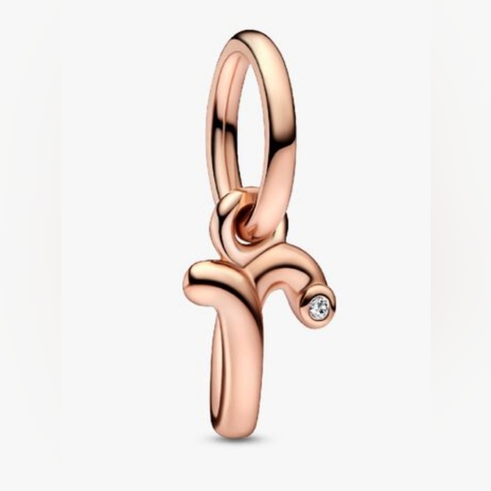 Authentic NEW Pandora Letter r Script Alphabet Dangle Charm 14KRGP CZ